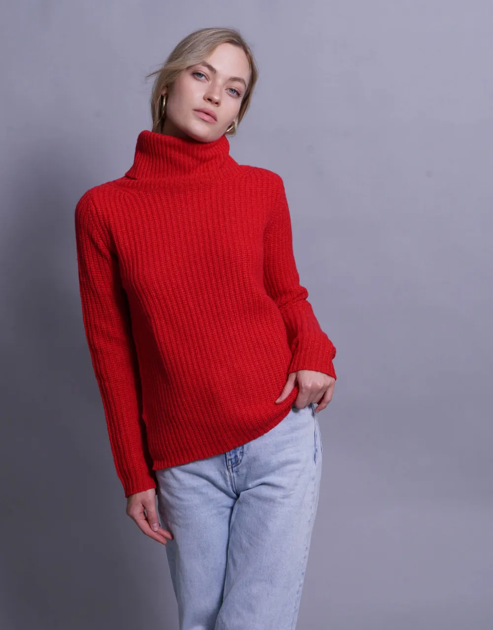 Rib Knit Turtleneck Sweater in Fire