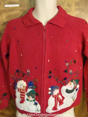 Snowmen with Bling Red Ugly Christmas Sweater