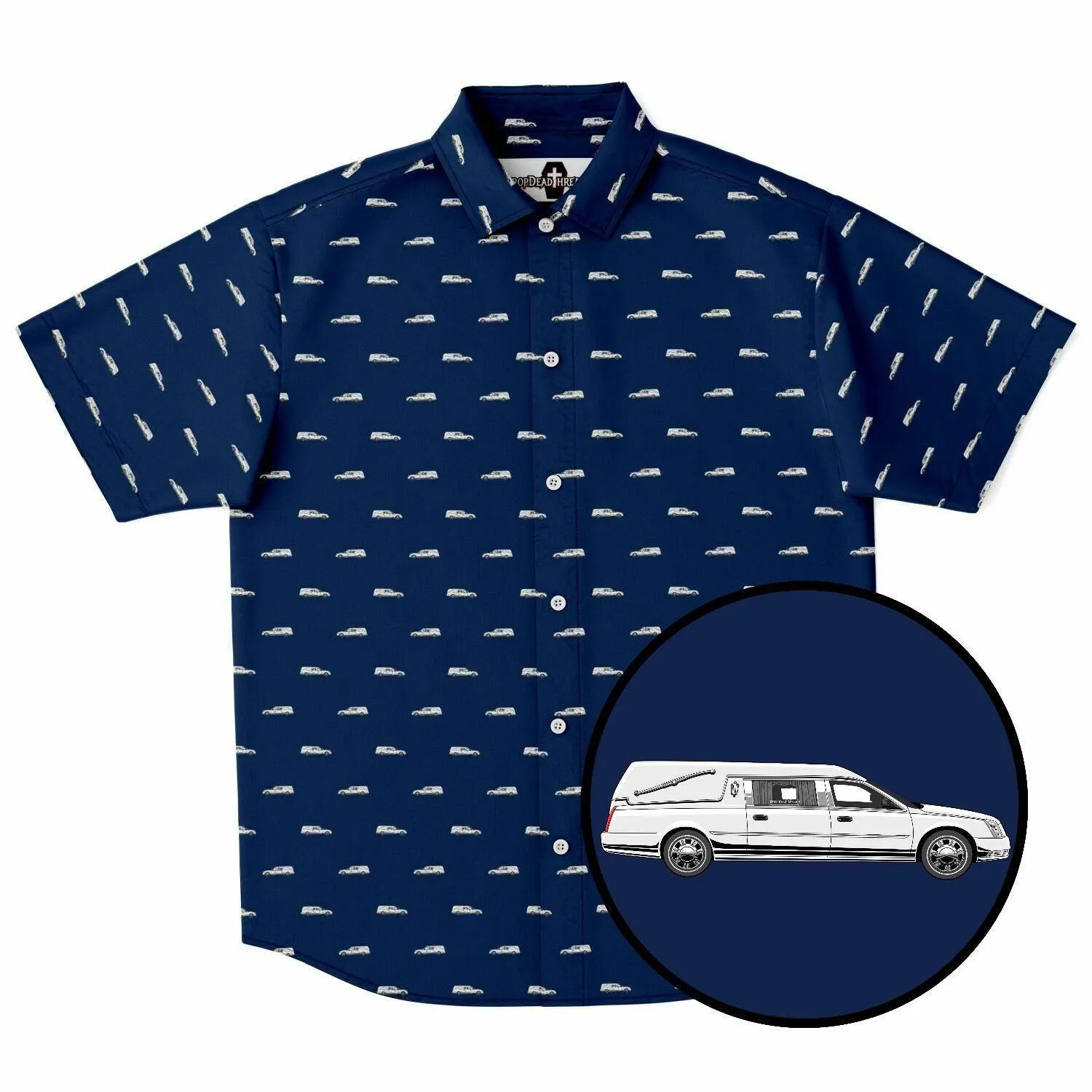 Subtle-Tee White Hearse on Navy Blue