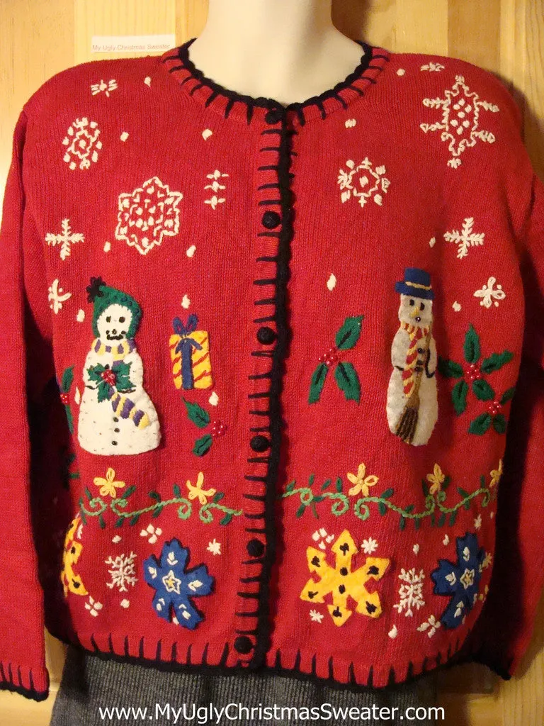 Tacky 80s Ugly Christmas Sweater with Padded Shoulders and Mr. & Mrs. Snowman and Colorful Snowflakes  (f737)