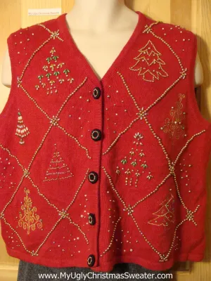 Tacky Cheap Ugly Christmas Sweater Vest with Bling Christmas Trees (f624)