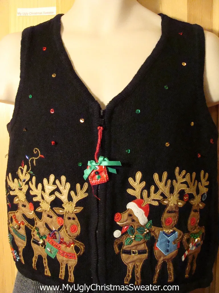 Tacky Cheap Ugly Christmas Sweater Vest with Carolling Reindeer and Bling (f621)