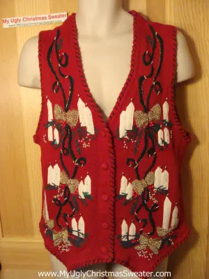 Tacky Ugly Christmas Sweater Vest with Bling Candles (f23)