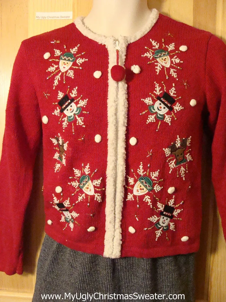 Tacky Ugly Christmas Sweater with Furry Trim and Snow-Framed Santa, Snowmen, and Reindeer (f721)