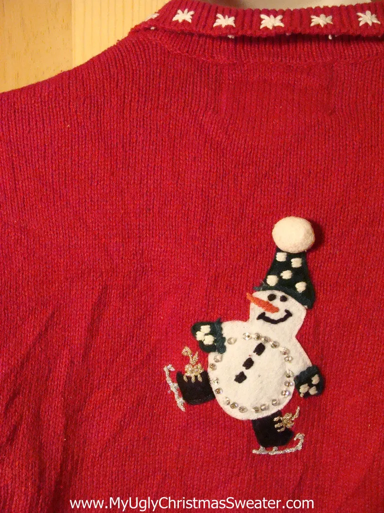 Tacky Ugly Christmas Sweater with Happy Carrot Nosed Snowmen Ice Skating and Falling (f311)