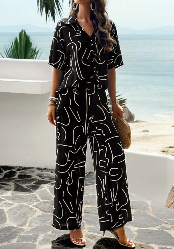 TEEK - Art Design Printed Short-Sleeved Trousers Two-Piece Set