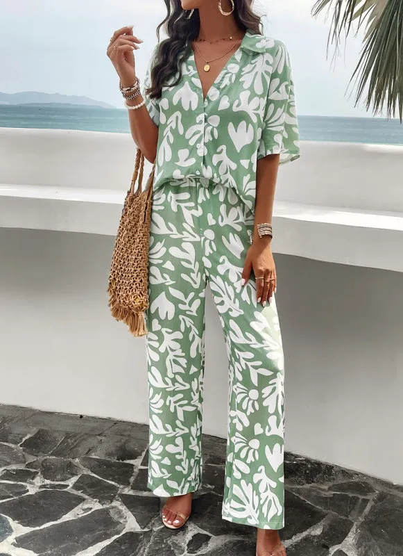 TEEK - Art Design Printed Short-Sleeved Trousers Two-Piece Set