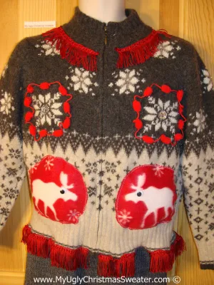 Ugly Christmas Sweater Party Holy Grail of Ugly Nordic Sweater with Reindeer and Pom Pom Trims with Fringe (x7)