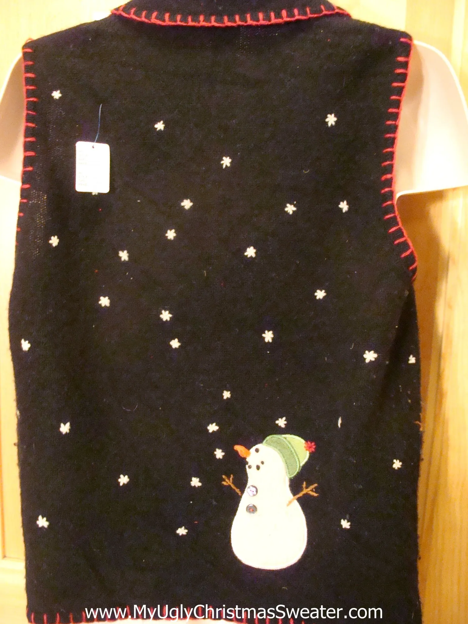 Ugly Christmas Sweater Vest Snowmen and Red Trim