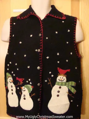 Ugly Christmas Sweater Vest Snowmen and Red Trim