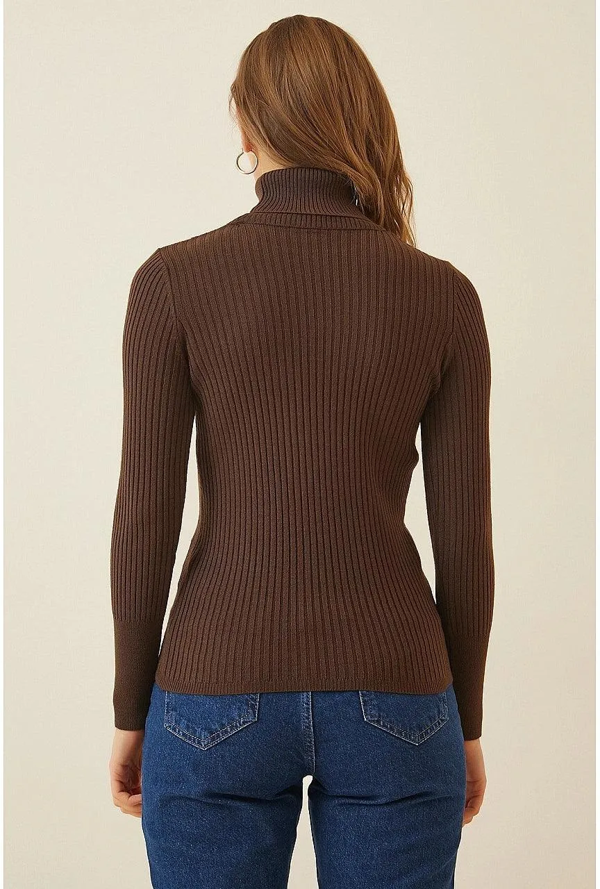 Women's Dark Brown Turtleneck Knitted Sweater