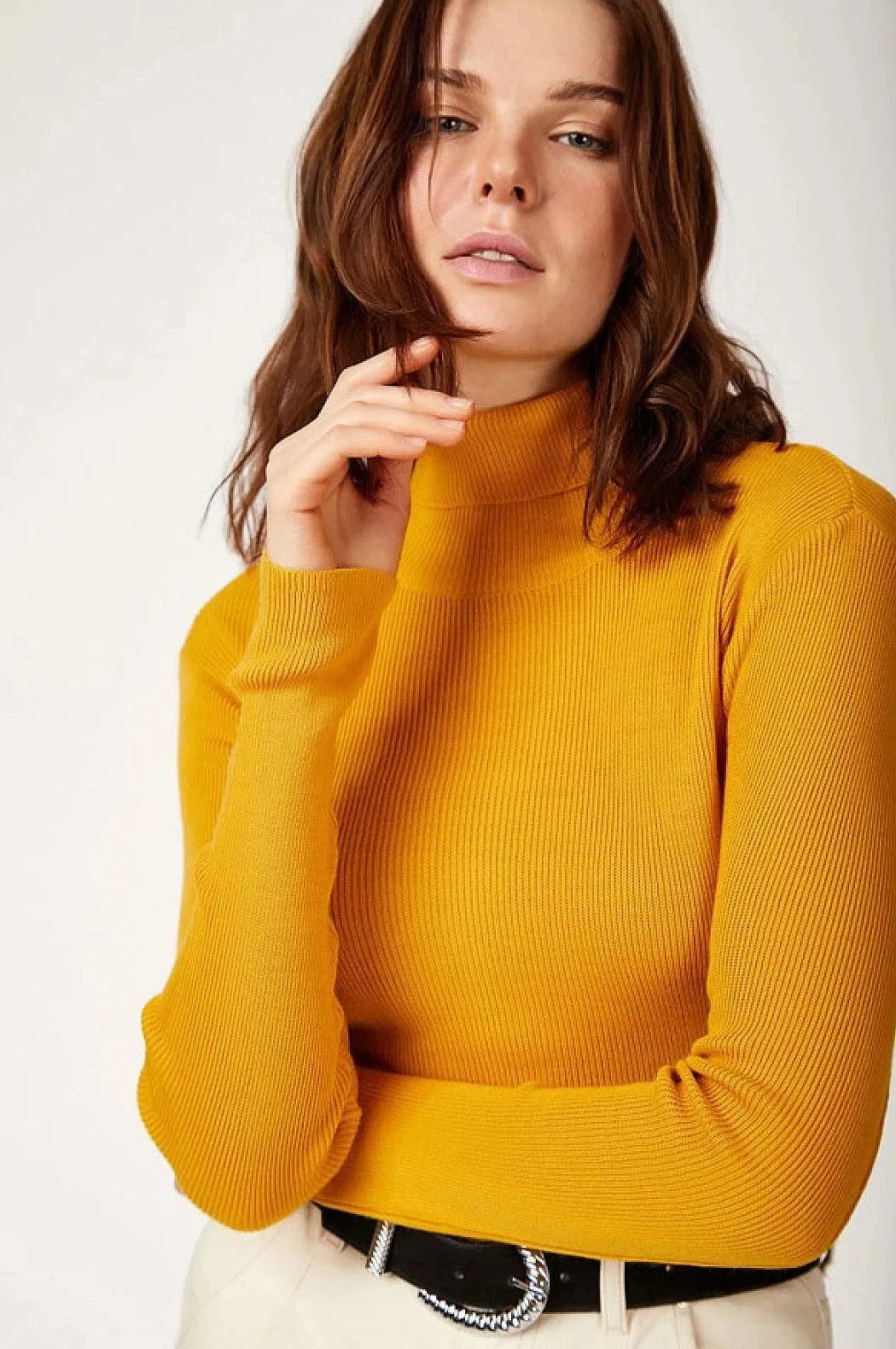 Women's Mustard Turtleneck Ribbed Knit Sweater | Classic Knitwear