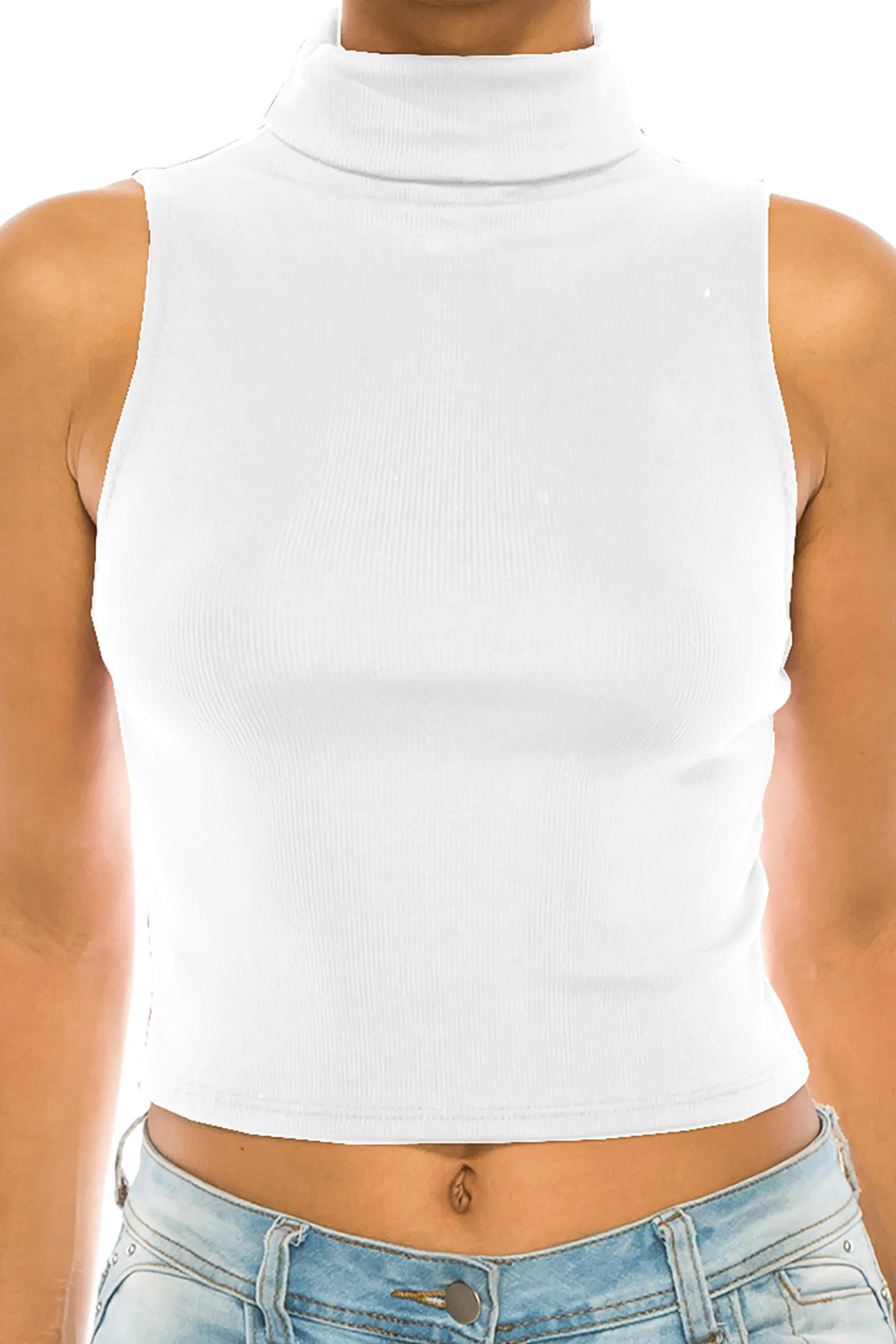 Women's Ribbed Sleeveless High Turtleneck Fitted Knit Crop Tank Top