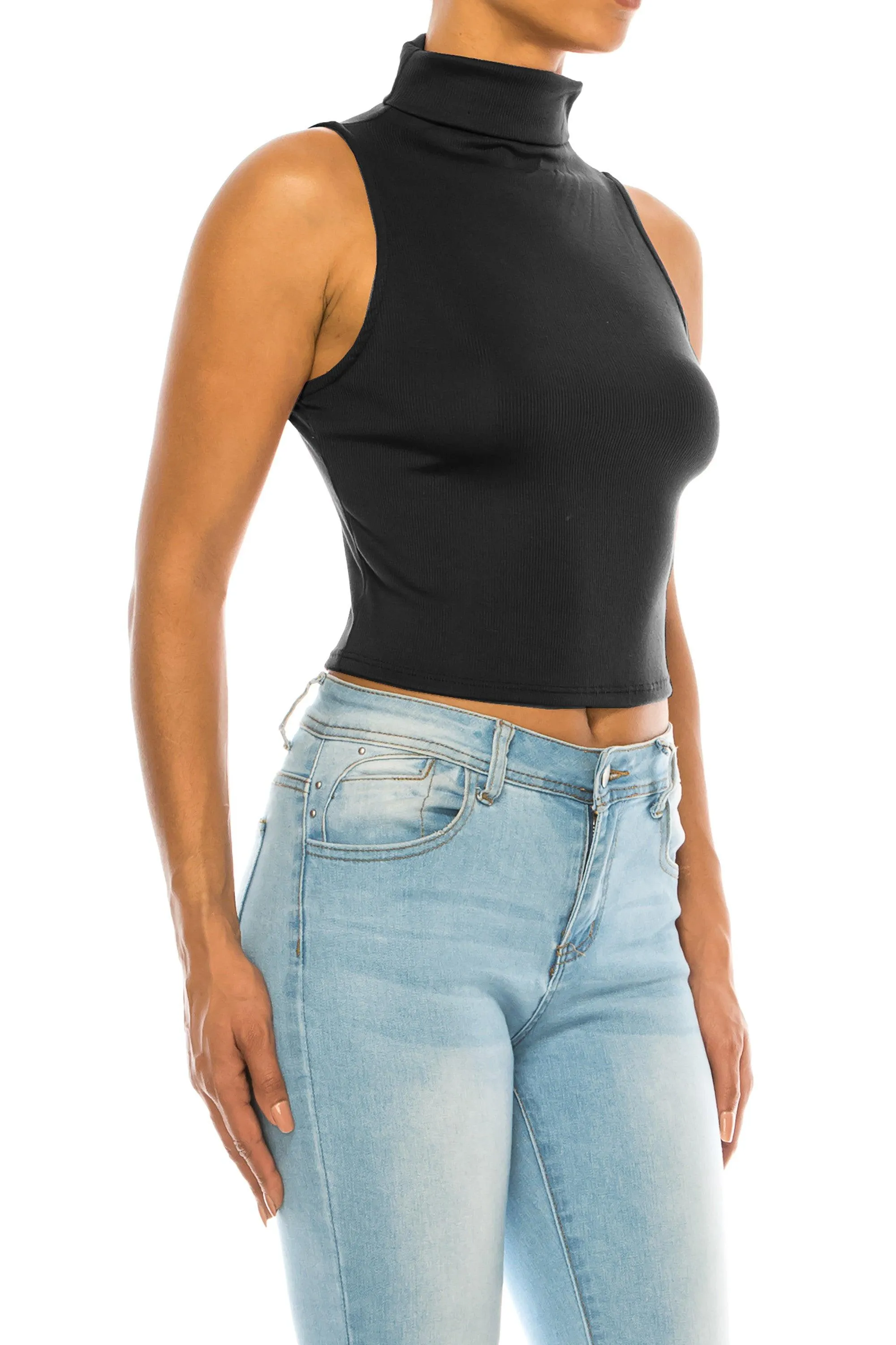 Women's Ribbed Sleeveless High Turtleneck Fitted Knit Crop Tank Top